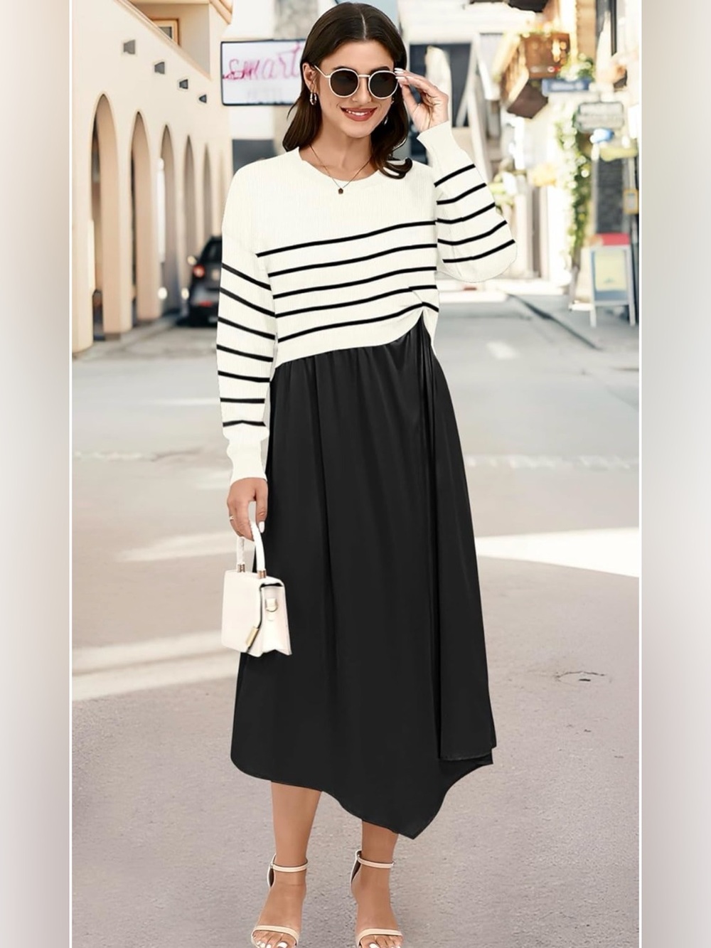 Striped Knit Top Black Midi Dress Large